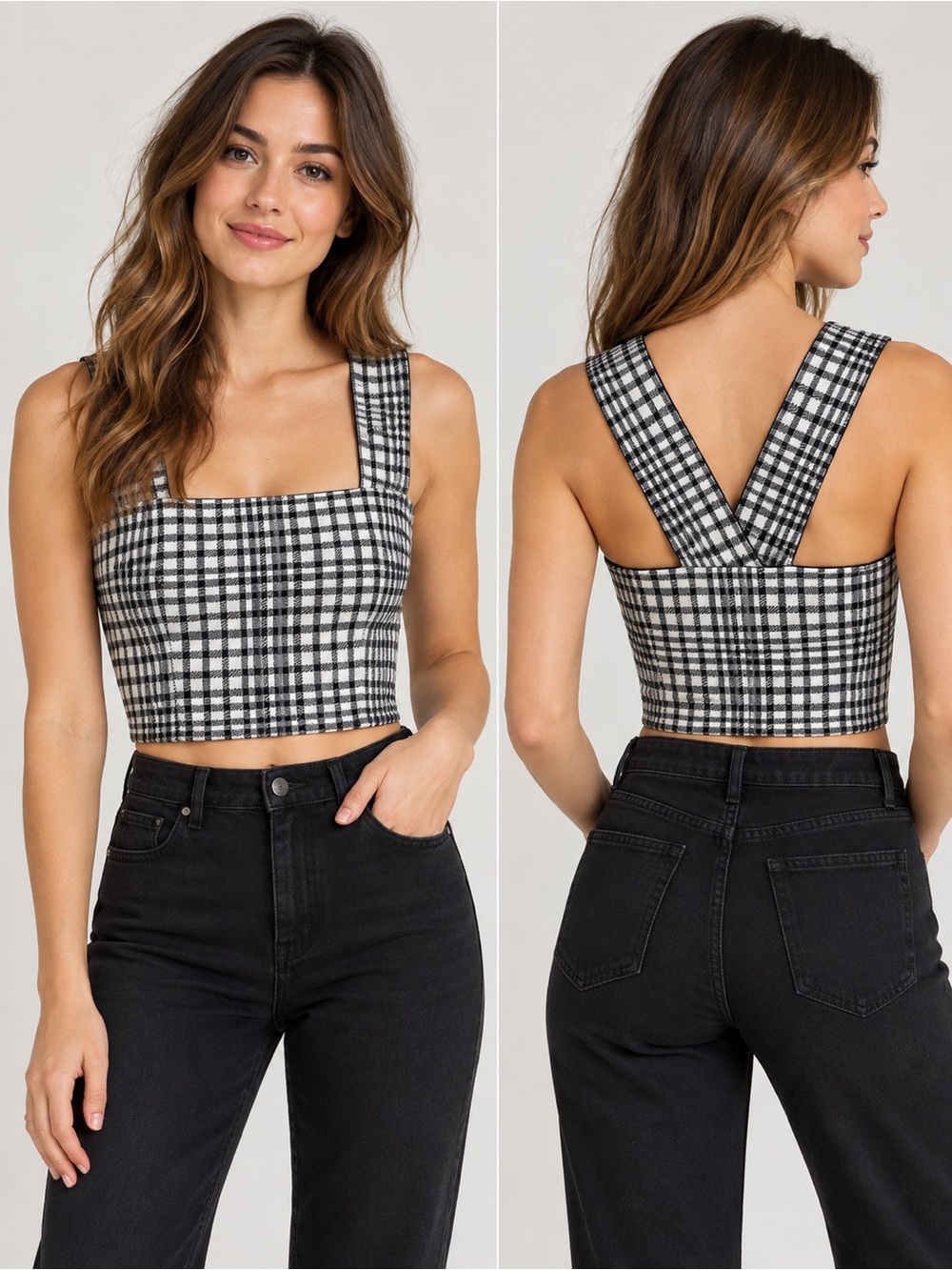Listicle Checked Square-Neck Cropped Tank Top Women’s M Black & White